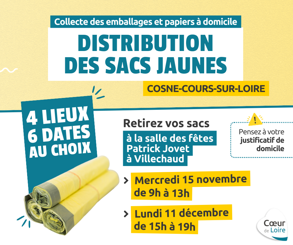Dates et lieux pour retirer vos sacs jaunes – Cœur de Loire